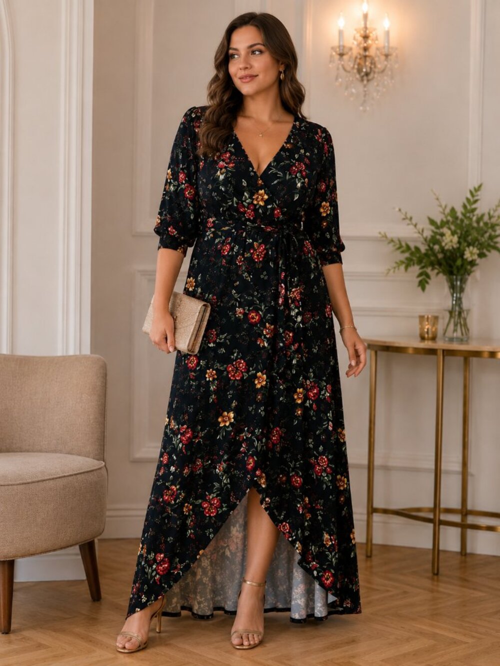 Kiyonna Dress Meadow Dream Style Blue Floral Maxi True Wrap Party Versatile Sz 0